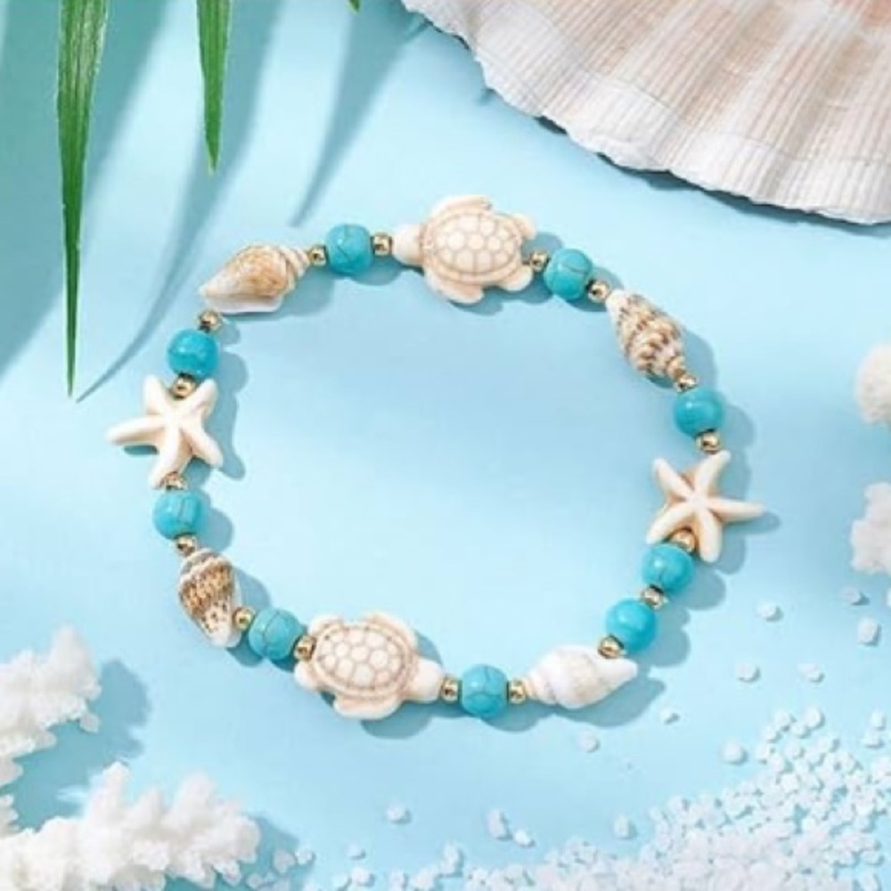 NWT Coastal Sea Turtle, Shell, & Starfish, Synthetic Elastic Bracelet